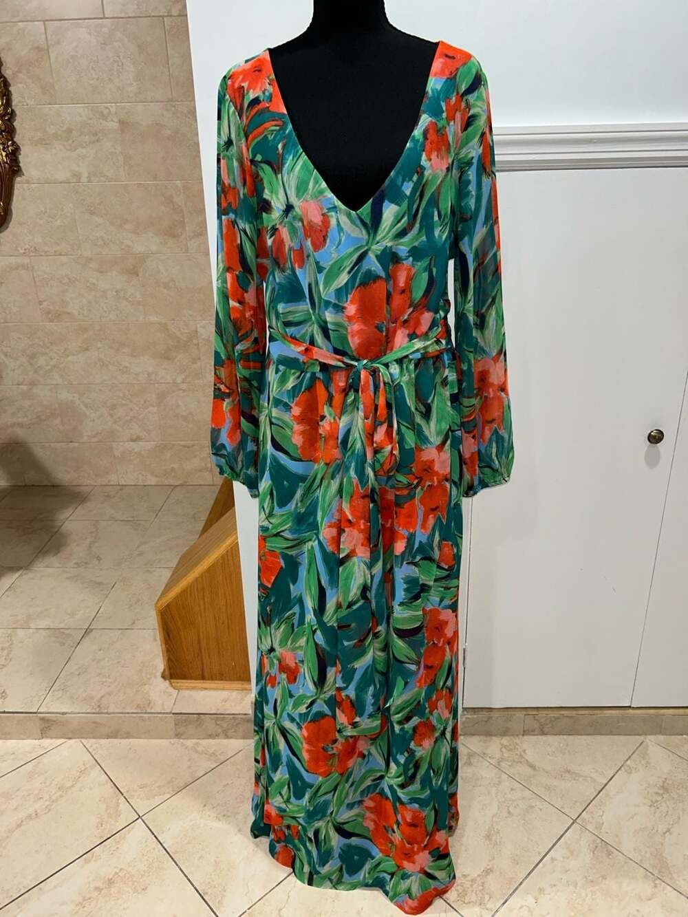 INC International Concepts Hawaiian Tropical Print Chiffon Boho Maxi Dress Size